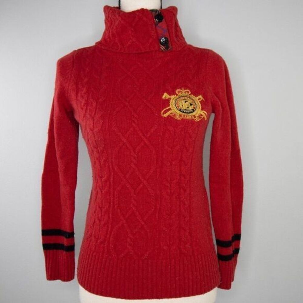 Vintage Red Turtleneck Sweater with Badge, cable knit, Wool blend